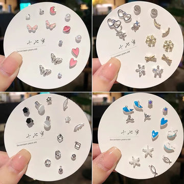 DAIIIBABYYY  -  Korean Fashion New Week Stud Earrings Set for Women Mini Sweet Pearl Heart Bow Rainbow Earring Luxury Jewelry Gift